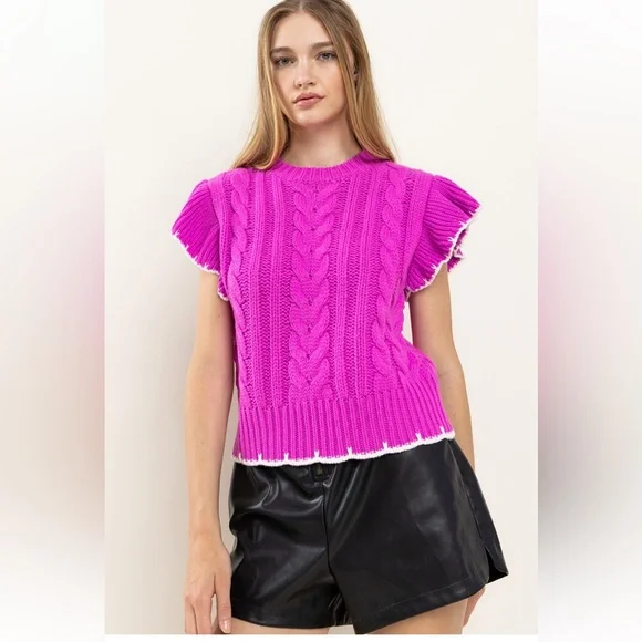 34 Fabulous Contrast Knit Ruffle Sweater Top - Picture 3 of 5